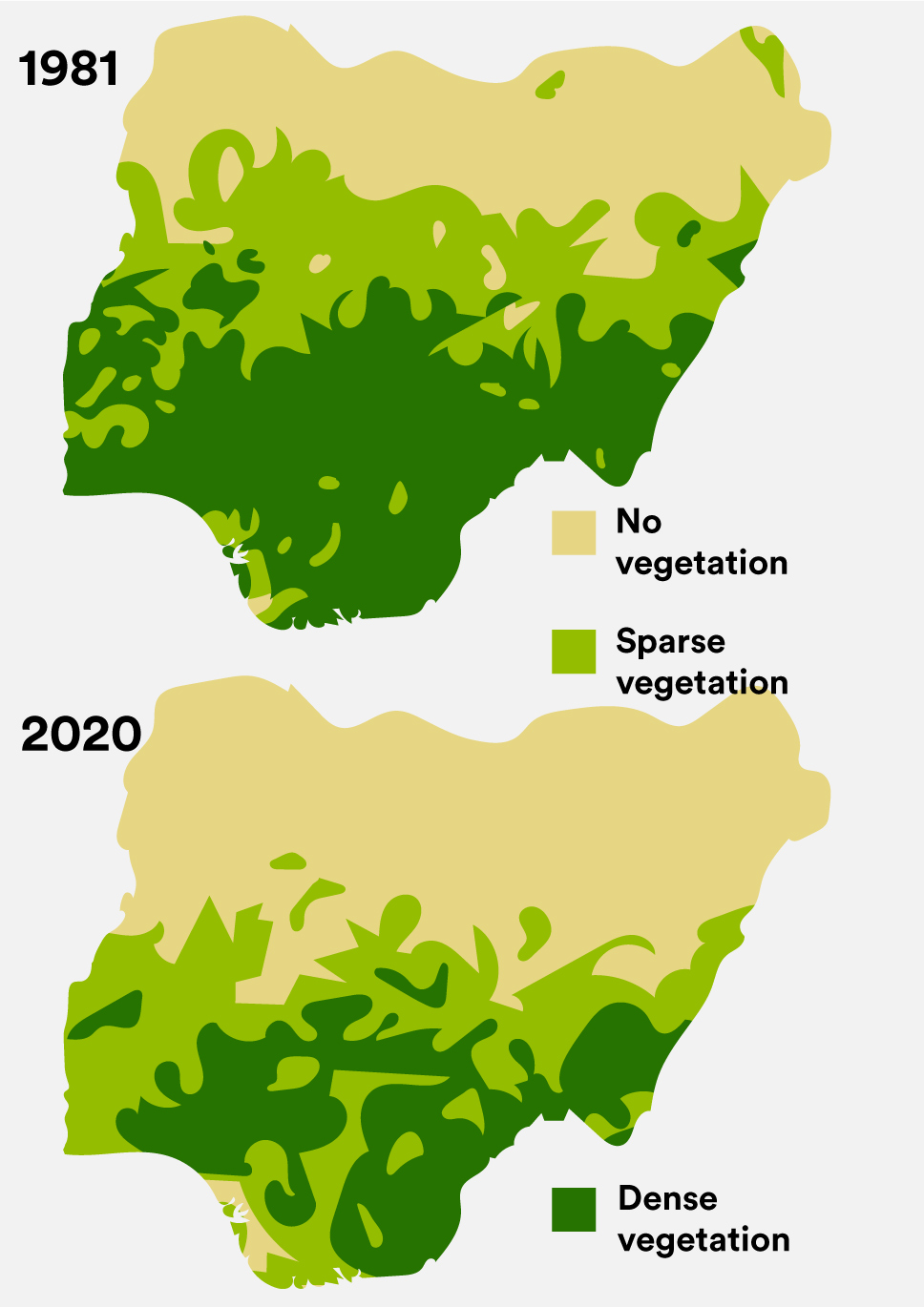 Extinct animals and biodiversity loss in Nigeria-Nigerian defforestation in 2 comparison images